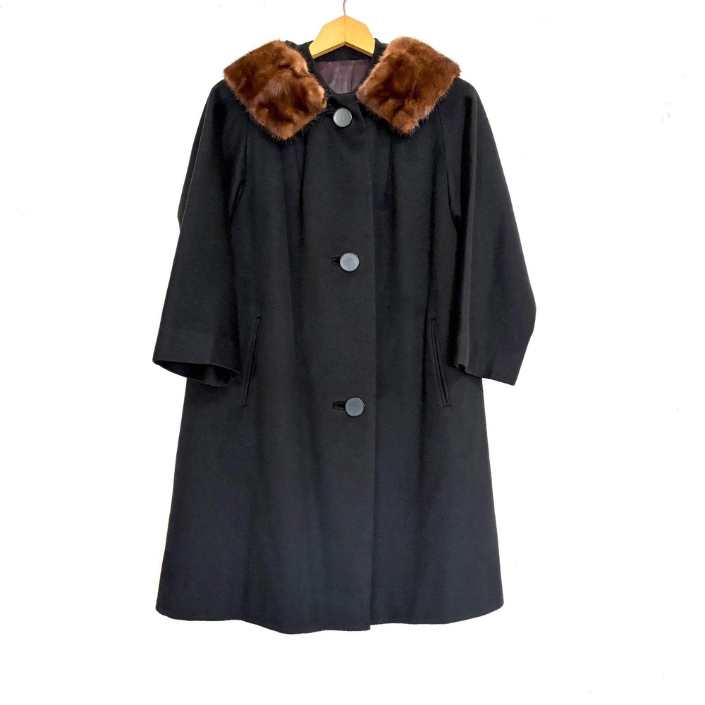Vintage 60s Wool Coat Women Petite Black Real Fur 3 way Collar Swing